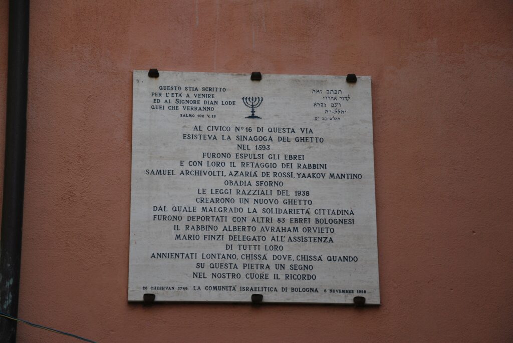 The plaque indicating the place where the ancient Synagogue of Bologna stood